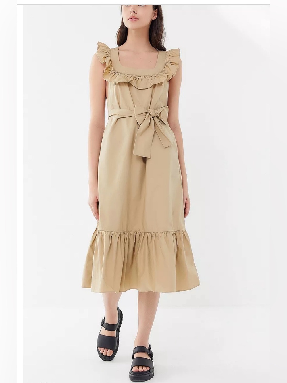 UO Urban Outfitters Ruffle Poplin Midi Dress | Beige | Size Medium | 👉 No Belt